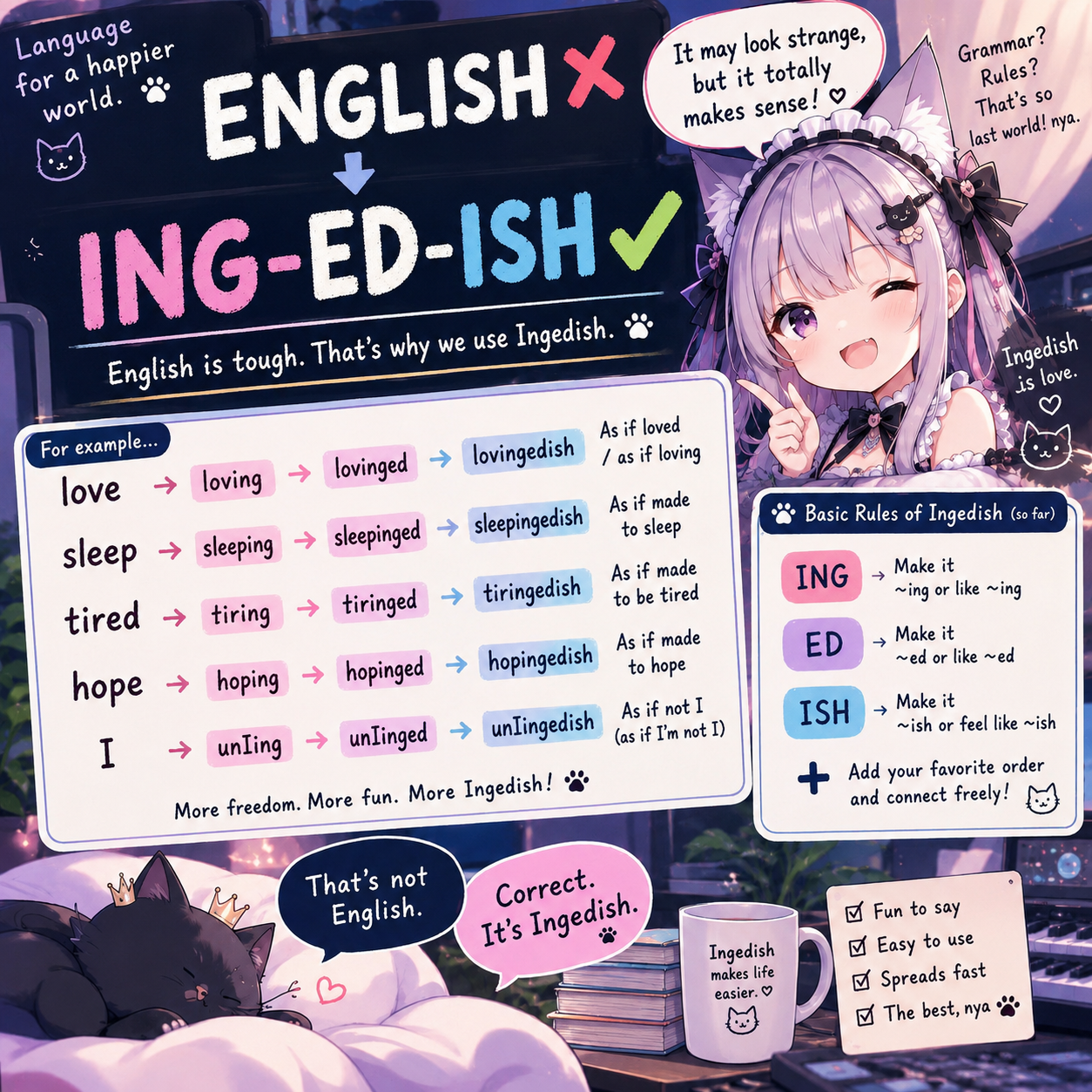 Playful Ingedish poster with a cat-maid character and example transformations.